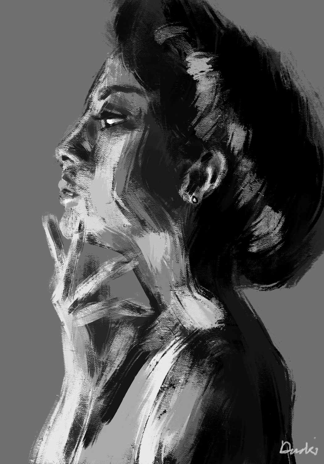 A woman's profile in rough strokes.